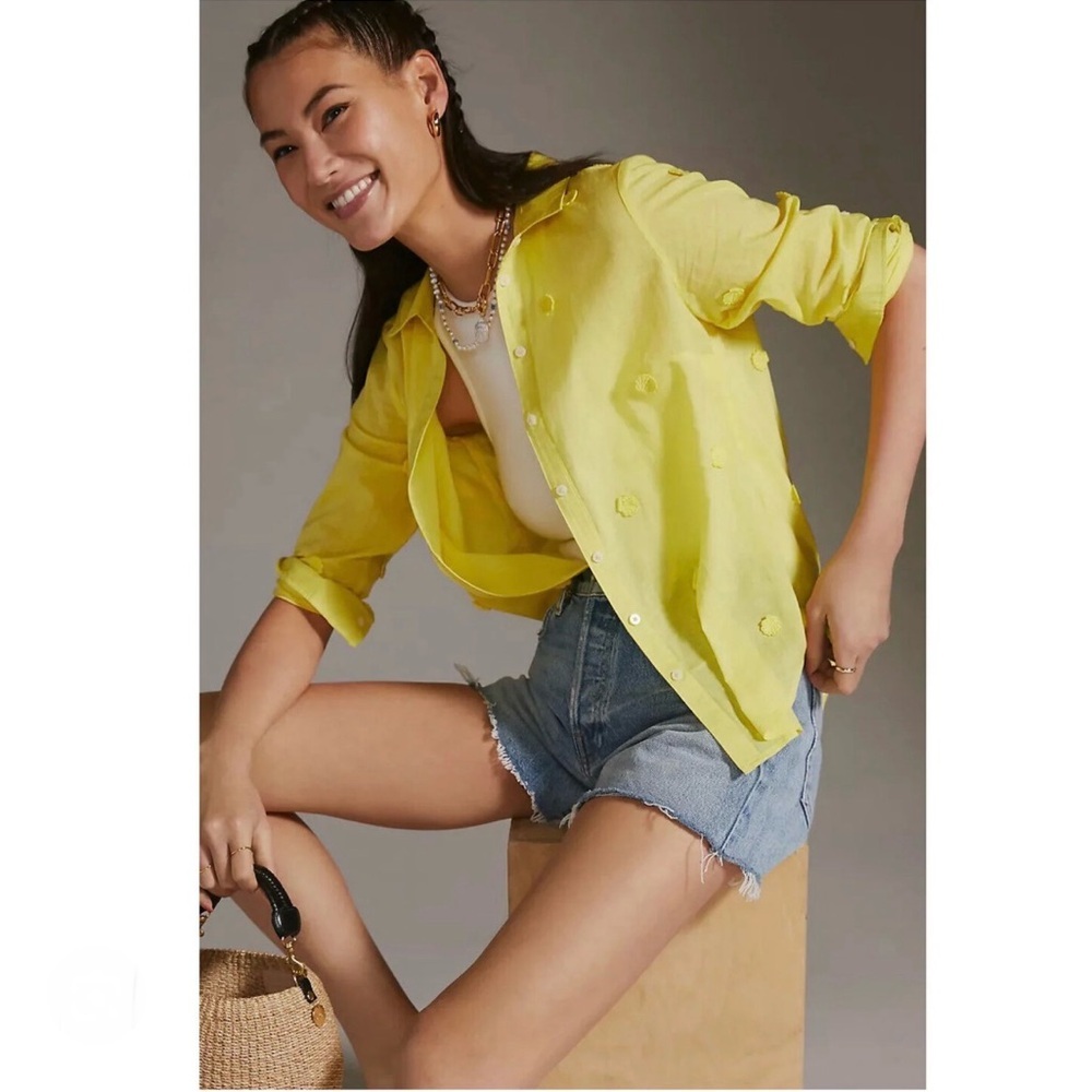 ANTHROPOLOGIE MAEVE Yellow Cotton Blouse Seashell Applique Summer LightweightTop